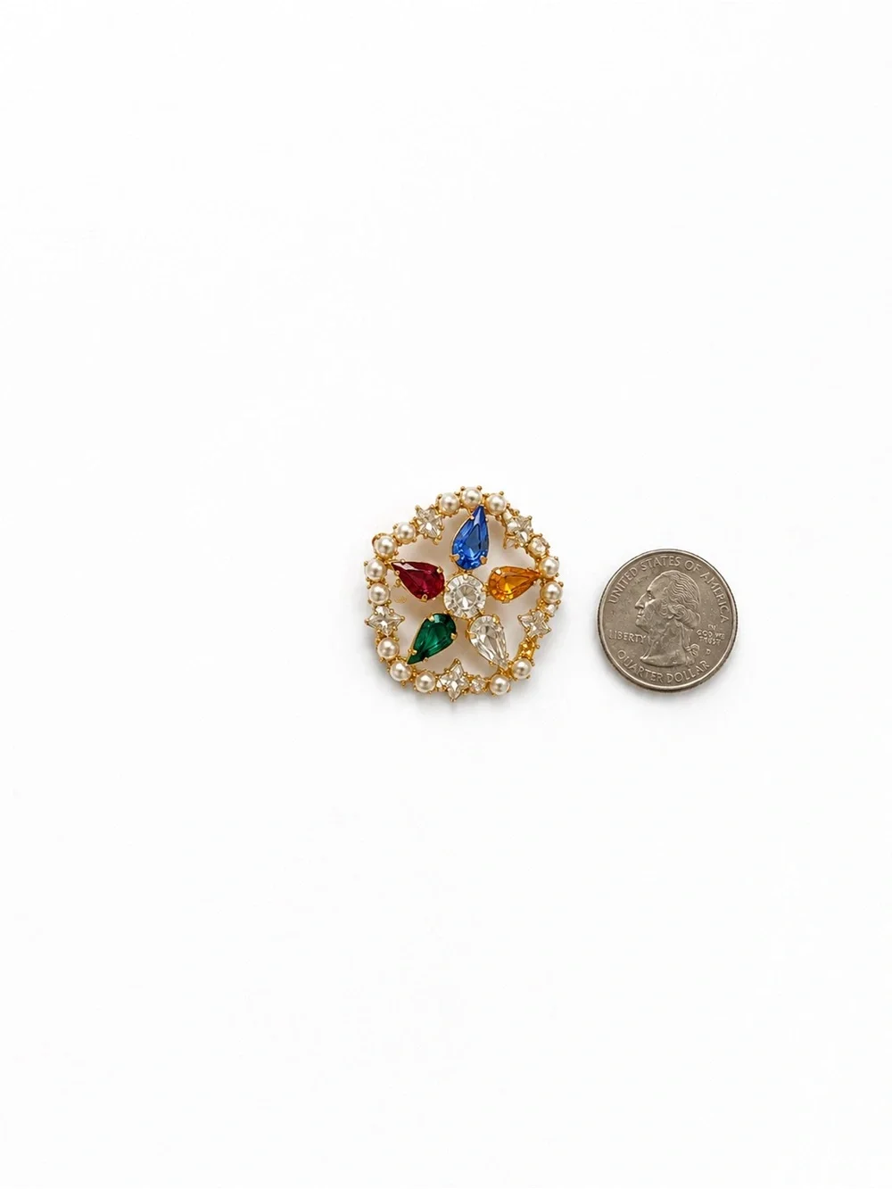 Vintage B David Brooch Multicolor Rhinestone Faux Pearl Gold Tone Wreath Signed